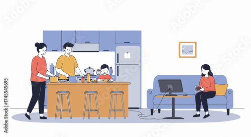 Modern family engaging in daily home activities, with parents and son cooking in the kitchen while daughter enjoys video games in the living room.