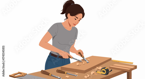 Skillful woman woodworker chiseling a piece of wood on a workbench, demonstrating craftsmanship and a passion for carpentry.