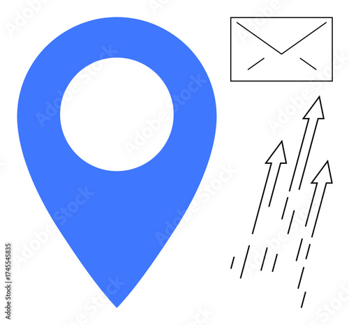 Blue location pin, envelope for messaging, and upward arrows for progress and growth. Ideal for navigation, communication, delivery, organization, growth connectivity and success concepts. A simple