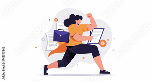 Dynamic professional woman managing tasks, carrying a briefcase like a cape, symbolizing efficiency, strength, and business success.