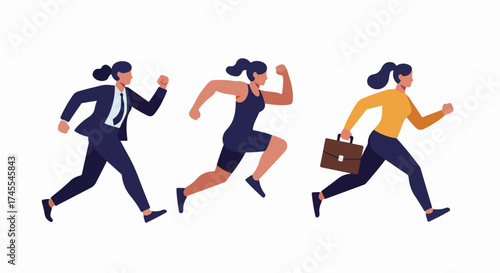 Dynamic illustration of diverse women running, representing career ambition, fitness goals, and professional success.