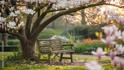 Find solace on a park bench under blooming magnolia trees in the golden sunlight