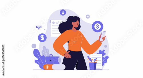 Woman actively managing finances and business tasks digitally with her smartphone, surrounded by icons representing money, planning, and communication.