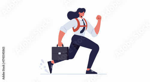 Dynamic businesswoman in business attire and sneakers, running with a briefcase, symbolizing career ambition and an energetic, modern professional lifestyle.