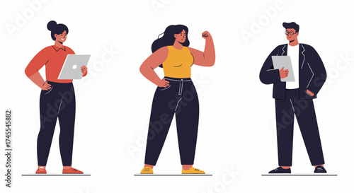 Empowered diverse business people illustration. A woman uses a laptop, another flexes, and a man holds a clipboard, representing teamwork and success.