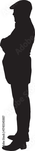 vector,silhouette of side view of a man standing dressed in blazer and cap arms crossed