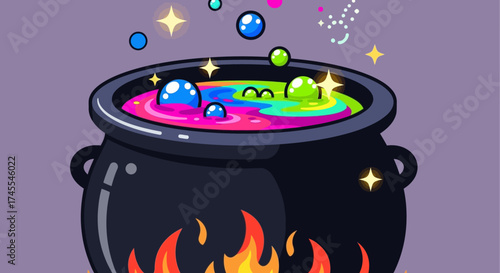A bubbling cauldron with colorful potion and magical sparks.