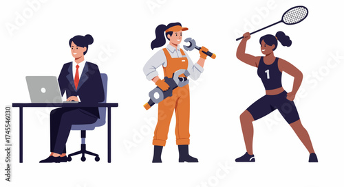 Empowered women in diverse roles: corporate professional, skilled technician, and active athlete, symbolizing career versatility.
