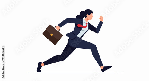 Dynamic businesswoman with briefcase running forward, symbolizing career advancement, pursuit of success, and professional ambition in a competitive corporate environment.