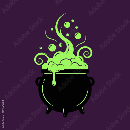 A bubbling green potion in a black cauldron with wisps of smoke.