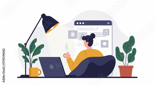 Woman working or relaxing online with laptop and coffee in a comfortable home office setting surrounded by plants, flat illustration.