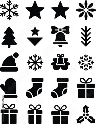 Christmas icons snowflake star tree bell stocking gift holly