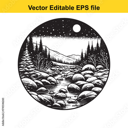 Vector art of moonlit night over a rocky riverbed with pine trees and mountains