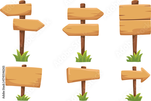 Cartoon wooden signpost collection, cute game style wood boards with grass base, vector illustration for adventure map or ui design