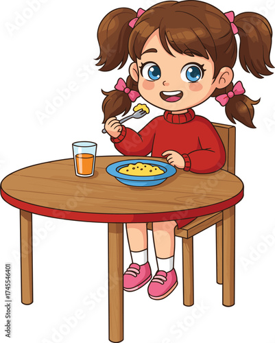 Cartoon child eating, cheerful mealtime illustration, girl with pigtails, food bowl vector, family nutrition scene, pink outfit, dining moment