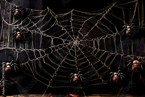 Spider web. Halloween. Dark and eerie spider web is intricately woven with multiple spiders positioned throughout, creating haunting atmosphere in dimly lit space, enhancing sense of mystery and fear