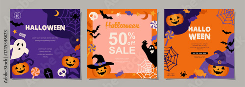 Halloween banners set, party invitation background with clouds, bats and pumpkins in flat design for sale banner, cover, poster, printing and social media post. Vector illustration.