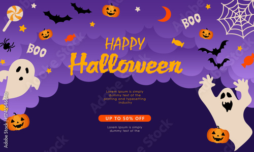 Halloween background with clouds, bats and pumpkins in flat design for sale banner, cover, poster, backdrop, printing, party invitation card and social media post. Vector illustration.