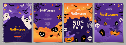 Halloween banners set, party invitation background with clouds, bats and pumpkins in flat design for sale banner, cover, poster, printing and social media post. Vector illustration.