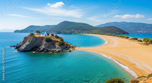 Exotic Beach Island with Small Church and Azure Waters
