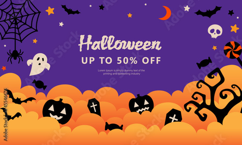 Halloween background with clouds, bats and pumpkins in flat design for sale banner, cover, poster, backdrop, printing, party invitation card and social media post. Vector illustration.
