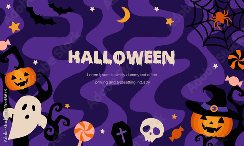 Halloween background with clouds, bats and pumpkins in flat design for sale banner, cover, poster, backdrop, printing, party invitation card and social media post. Vector illustration.