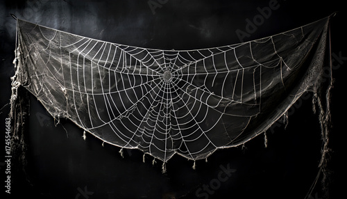 Spider web. Halloween. Intricate spider web stretched across dark backdrop, showcasing delicate patterns and textures, enhancing spooky ambiance ideal for Halloween decorations or themed events