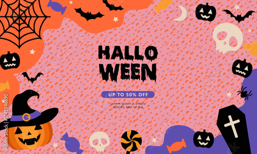 Halloween background with clouds, bats and pumpkins in flat design for sale banner, cover, poster, backdrop, printing, party invitation card and social media post. Vector illustration.