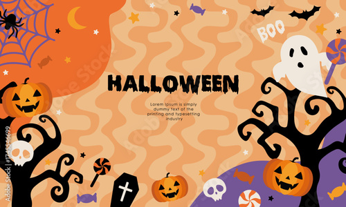 Halloween background with clouds, bats and pumpkins in flat design for sale banner, cover, poster, backdrop, printing, party invitation card and social media post. Vector illustration.