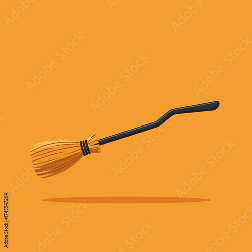 A classic witchs broomstick floating in mid air.