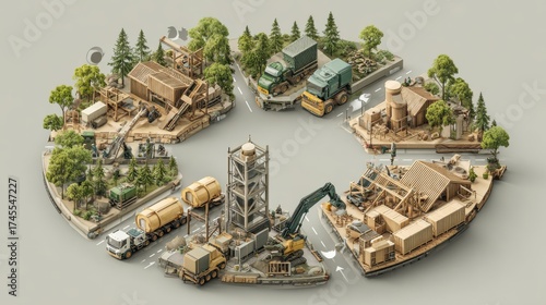 Wallpaper Mural Circular Construction Economy: Organized circular diagram showing sustainable building materials wood metal concrete being recycled and repurposed in construction site  
 Torontodigital.ca