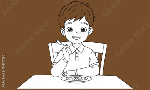 Cartoon child eating, cheerful mealtime moment, spoon and plate illustration, food vector sketch, smiling kid art, brown background design