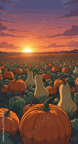 A field of pumpkins at sunset.