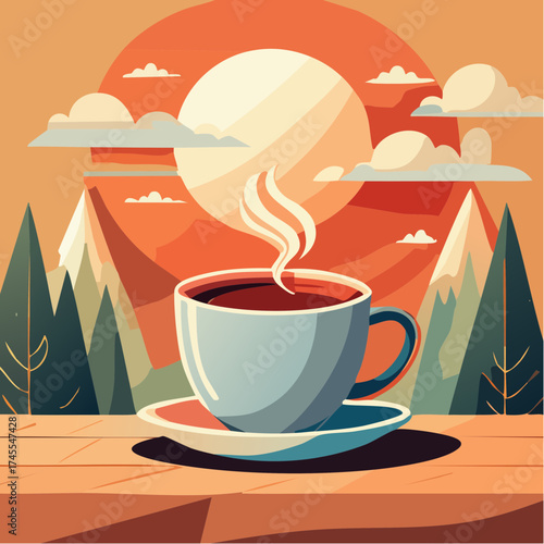 Mountain sunrise with coffee cup on wooden table