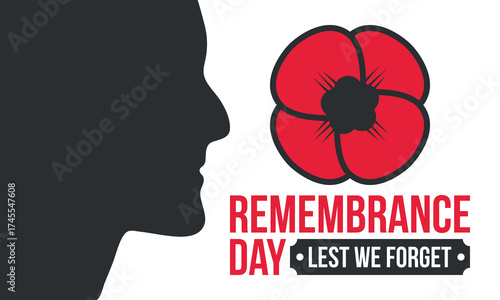 Remembrance Day. Lest we Forget. Remembrance poppy. Poppy day. Memorial day observed in Commonwealth member states to honour armed forces members who have died in the line of duty. Red poppy. Vector