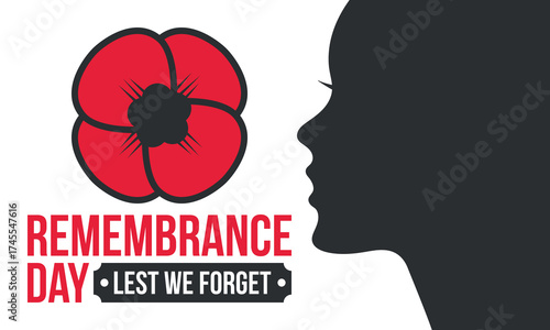 Remembrance Day. Lest we Forget. Remembrance poppy. Poppy day. Memorial day observed in Commonwealth member states to honour armed forces members who have died in the line of duty. Red poppy. Vector