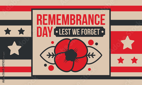 Remembrance Day. Lest we Forget. Remembrance poppy. Poppy day. Memorial day observed in Commonwealth member states to honour armed forces members who have died in the line of duty. Red poppy. Vector