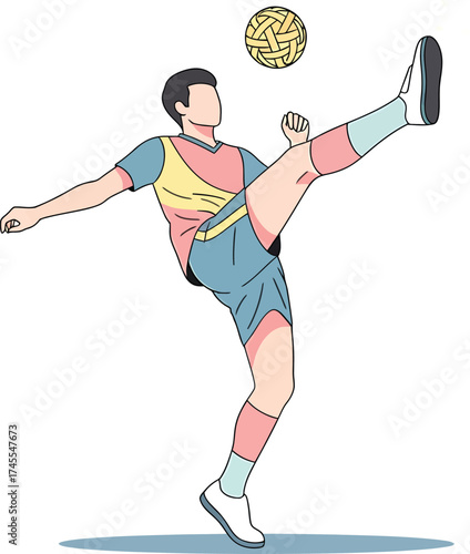 Illustration of a male athlete performing a takraw kick, showcasing agility and sport skill