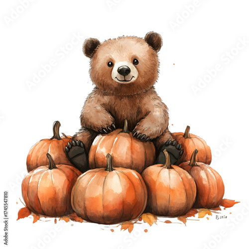 A bear sitting on a pile of pumpkins. Halloween. 2D watercolor illustration isolated on transparent background.