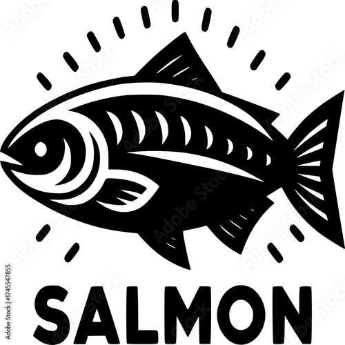 Salmon Icon: A sleek, stylized monochrome illustration showcases a salmon.