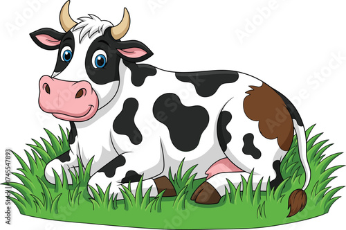 Cartoon cow lying on grass, relaxed farm animal sketch, black and brown patch vector, friendly character pose, educational illustration concept