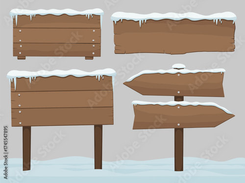 Set of wooden signboards covered in snow, winter illustration, blank wood texture boards, frosty navigation signs, seasonal design elements