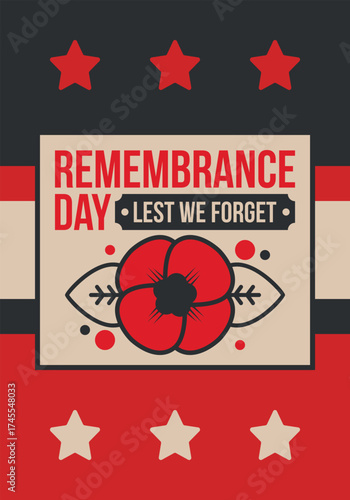 Remembrance Day. Lest we Forget. Remembrance poppy. Poppy day. Memorial day observed in Commonwealth member states to honour armed forces members who have died in the line of duty. Red poppy. Vector