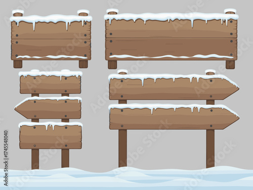 Set of wooden signboards covered in snow, winter illustration, blank wood texture boards, frosty navigation signs, seasonal design elements