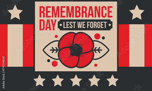 Remembrance Day. Lest we Forget. Remembrance poppy. Poppy day. Memorial day observed in Commonwealth member states to honour armed forces members who have died in the line of duty. Red poppy. Vector