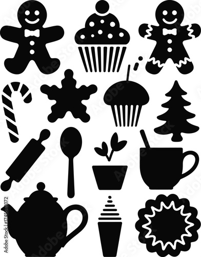 Holiday baking and beverage icons gingerbread man cupcake