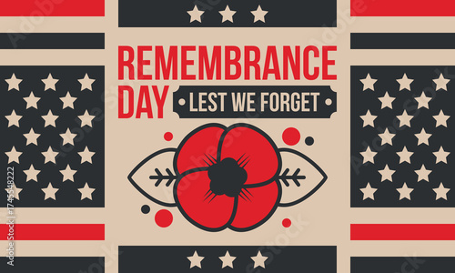 Remembrance Day. Lest we Forget. Remembrance poppy. Poppy day. Memorial day observed in Commonwealth member states to honour armed forces members who have died in the line of duty. Red poppy. Vector