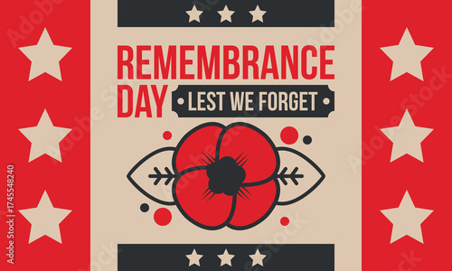 Remembrance Day. Lest we Forget. Remembrance poppy. Poppy day. Memorial day observed in Commonwealth member states to honour armed forces members who have died in the line of duty. Red poppy. Vector