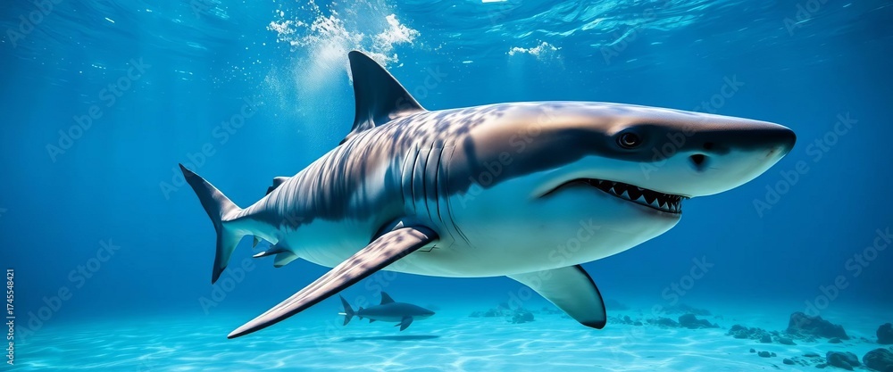Fototapeta premium Apex predator great white shark underwater hunting, predator, marine ecosystem