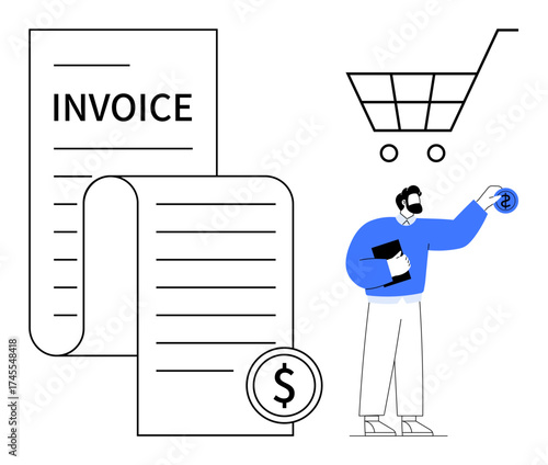 Person holding document and coin next to invoices and shopping cart symbol. Ideal for finance, billing, e-commerce, accounting, cash flow, online shopping, and simple flat metaphor